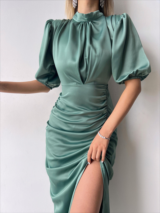 Kısa Kol Saten Önden Yırtmaçlı Drape Gage Kadın Mint Elbise 22K000431