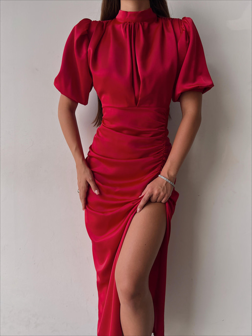 Kısa Kol Saten Önden Yırtmaçlı Drape Gage Kadın Kırmızı Elbise 22K000431