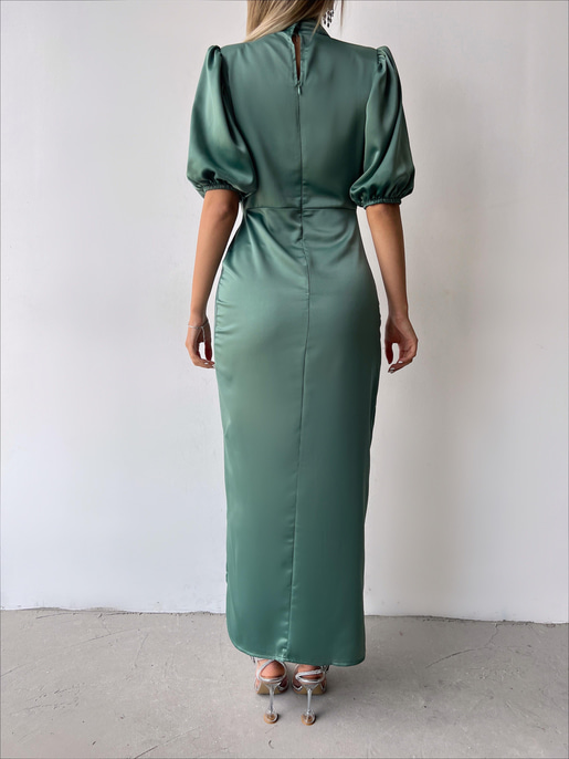 Kısa Kol Saten Önden Yırtmaçlı Drape Gage Kadın Mint Elbise 22K000431