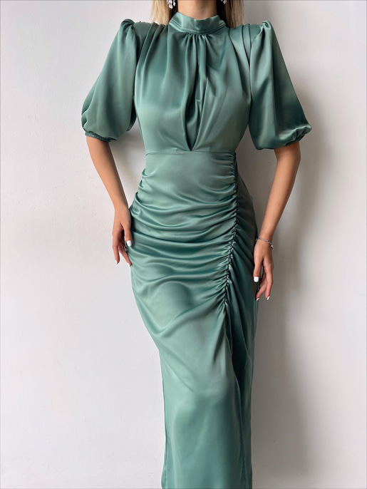 Kısa Kol Saten Önden Yırtmaçlı Drape Gage Kadın Mint Elbise 22K000431