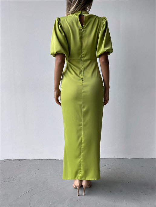 Kısa Kol Saten Önden Yırtmaçlı Drape Gage Kadın Yağ Yeşili Elbise 22K000431