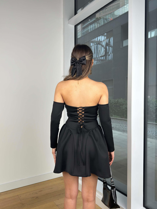 Kol Detaylı Straplez Görünümlü Göğüs Kısmı Büzgülü Korse Janison Siyah Kadın Mini Elbise 25K418
