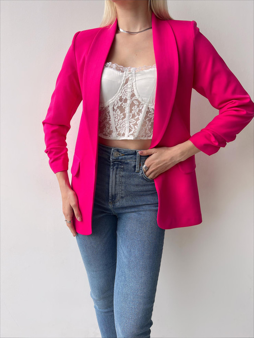 Kol Ucu Büzgü Detaylı Kruvaze Yaka Deasia Kadın Fuşya Blazer Ceket 23Y000020