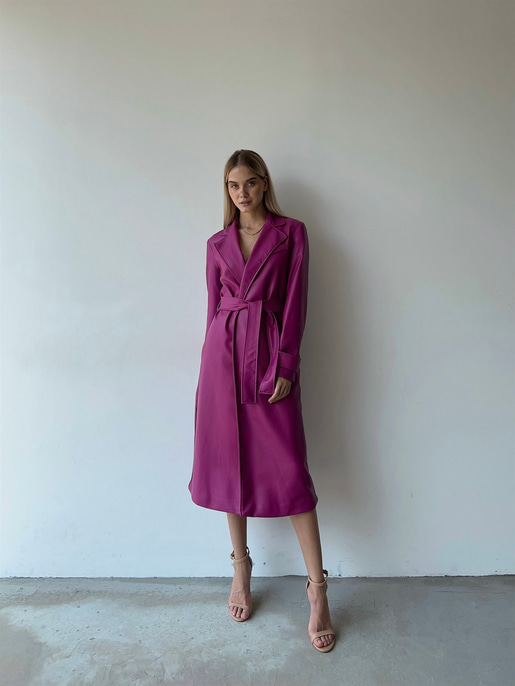 Kolları Kemer Görünümlü Beli Kemerli Adali Kadın Fuşya Vegan Deri Kaban 23K000015