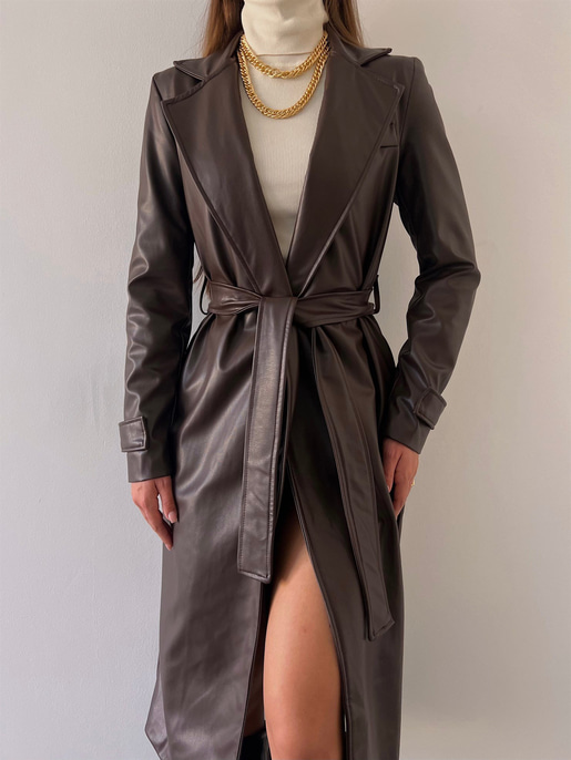 Kolları Kemer Görünümlü Beli Kemerli Adali Kadın Kahve Vegan Deri Kaban 23K000015