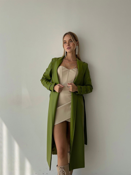 Kolları Kemer Görünümlü Beli Kemerli Adali Kadın Yeşil Vegan Deri Kaban 23K000015