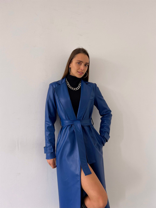 Kolları Kemer Görünümlü Beli Kemerli Adali Kadın Saks Vegan Deri Kaban 23K000015