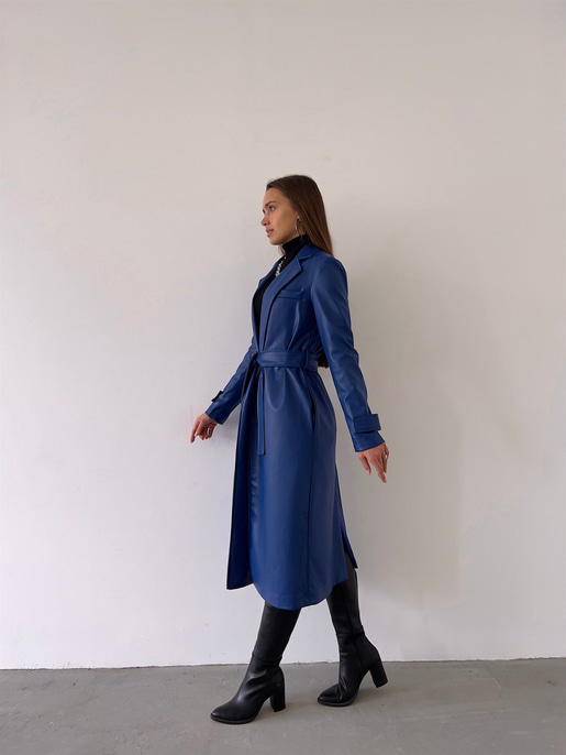 Kolları Kemer Görünümlü Beli Kemerli Adali Kadın Saks Vegan Deri Kaban 23K000015