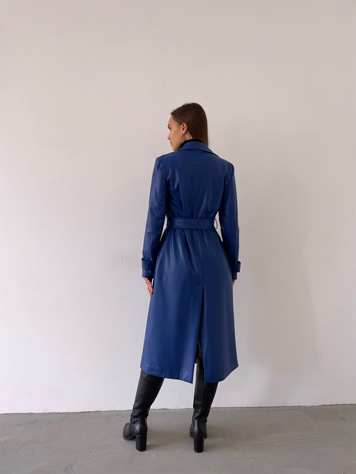 Kolları Kemer Görünümlü Beli Kemerli Adali Kadın Saks Vegan Deri Kaban 23K000015