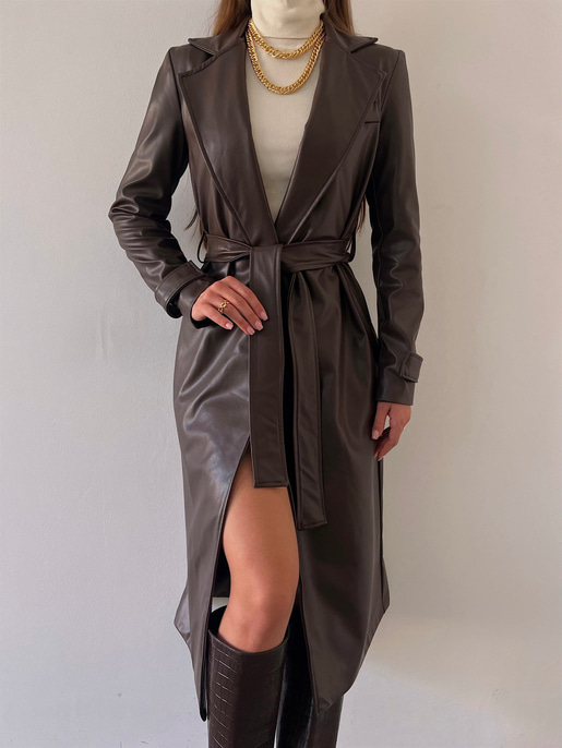 Kolları Kemer Görünümlü Beli Kemerli Adali Kadın Kahve Vegan Deri Kaban 23K000015