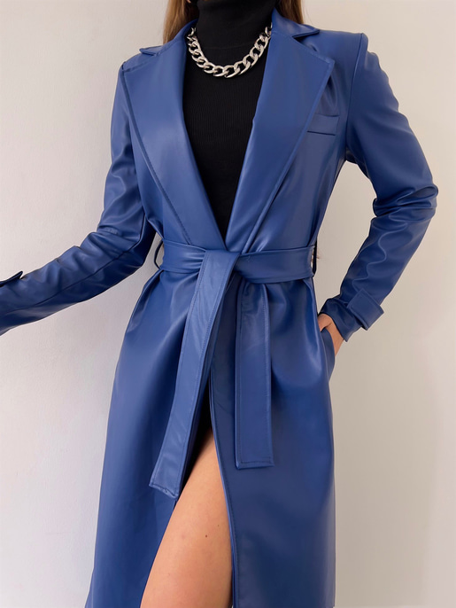 Kolları Kemer Görünümlü Beli Kemerli Adali Kadın Saks Vegan Deri Kaban 23K000015