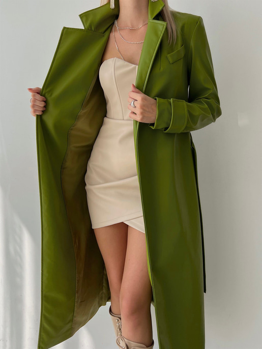 Kolları Kemer Görünümlü Beli Kemerli Adali Kadın Yeşil Vegan Deri Kaban 23K000015