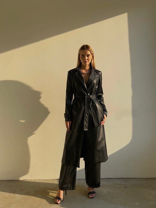 Kolları Kemer Görünümlü Beli Kemerli Adali Kadın Siyah Vegan Deri Kaban 23K000015