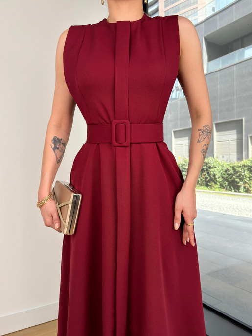 Kolsuz Beli Kemerli Ovın Bordo Kadın Midi Elbise 25Y120