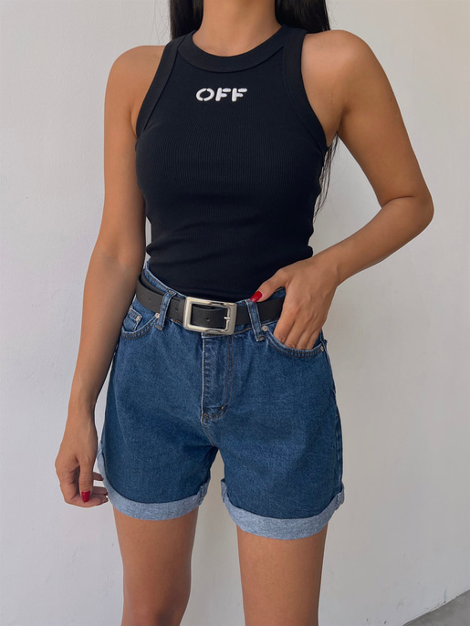 Kolsuz Halter Yaka Off Baskılı Kadın Siyah Atlet 22Y000310