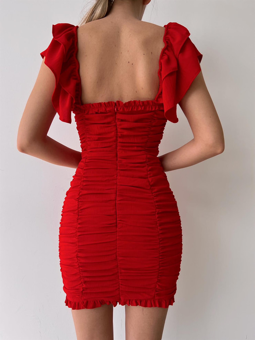 Kolu Fırfırlı Böğüs Bağcıklı Drape Anjali Kadın Kırmızı Mini Elbise 22K000613