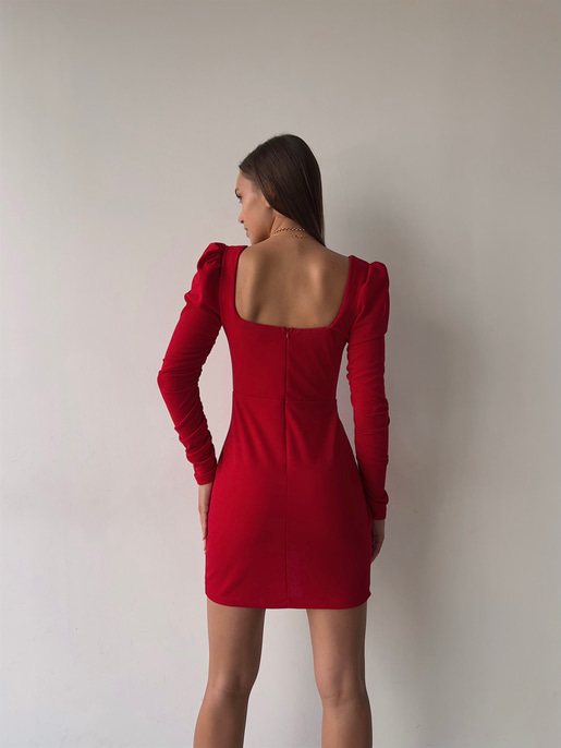 Korse Büzgülü Uzun Kol Göğüs Pedli Eteği Kruvaze Paul Kadın Kırmızı Mini Elbise 23K000037