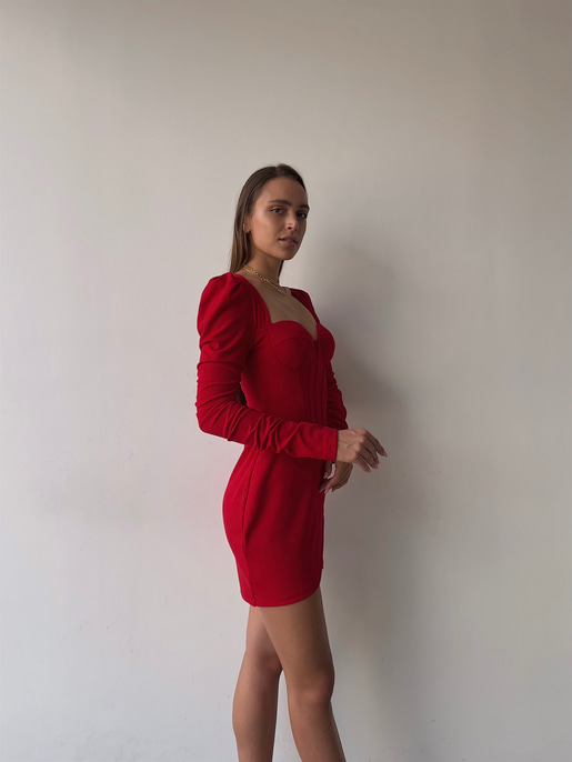 Korse Büzgülü Uzun Kol Göğüs Pedli Eteği Kruvaze Paul Kadın Kırmızı Mini Elbise 23K000037