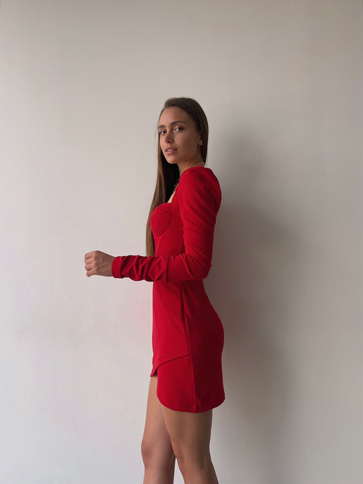 Korse Büzgülü Uzun Kol Göğüs Pedli Eteği Kruvaze Paul Kadın Kırmızı Mini Elbise 23K000037