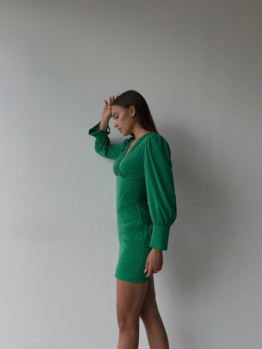 Korse Derin V Yaka Bağlama Detaylı Uzun Kol Reynold Kadın Yeşil Mini Elbise 23K000038