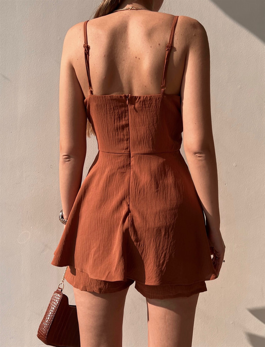 Korse Eteği Volanlı Delaney Kadın Kahverengi Şort Tulum 22Y000076