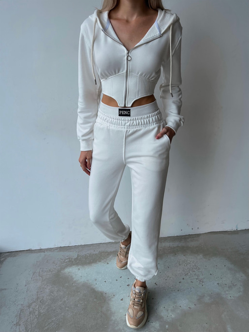 Korse Fermuar Kapamalı Kapüşonlu Spiridion Kadın Beyaz Sweatshirt 23K000107