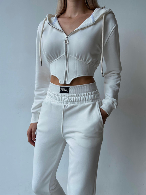 Korse Fermuar Kapamalı Kapüşonlu Spiridion Kadın Beyaz Sweatshirt 23K000107