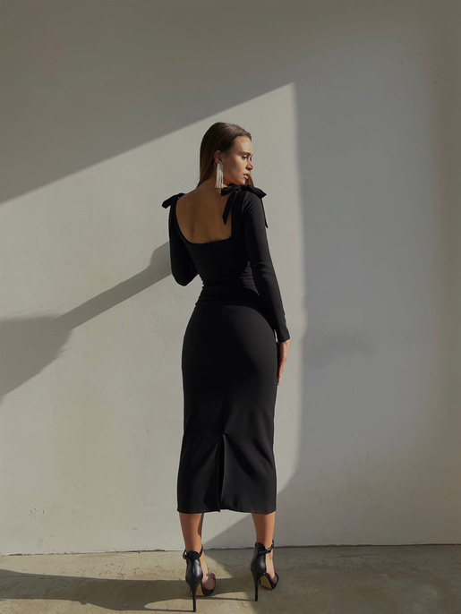 Korse Göğüs Pedli Omzu Bağlama Görünümlü Klaus Kadın Siyah Uzun Kol Midi Elbise 23K000034