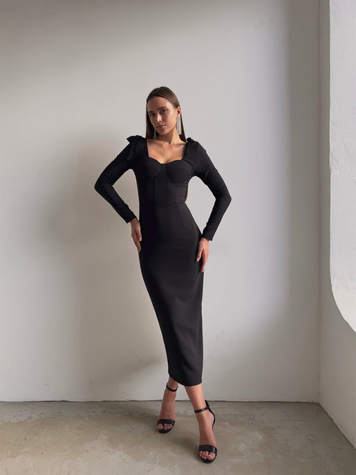 Korse Göğüs Pedli Omzu Bağlama Görünümlü Klaus Kadın Siyah Uzun Kol Midi Elbise 23K000034