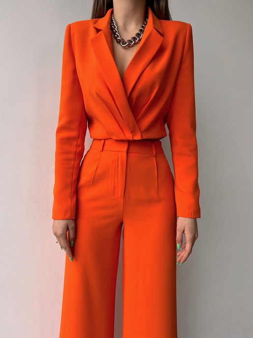 Kruvaze Beli Drapeli Alize Kadın Turuncu Crop Ceket 22Y000060