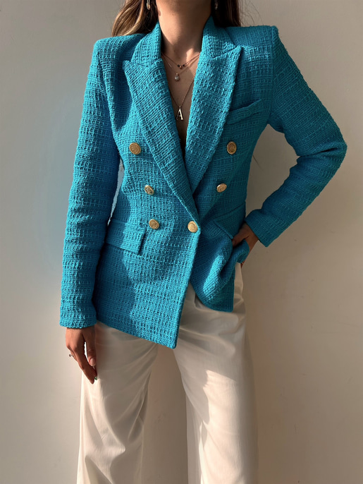 Kruvaze Metal Düğmeli Desirae Kadın Mavi Blazer Ceket 22Y000117