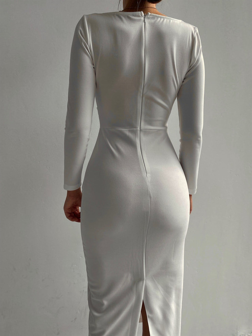 Kruvaze Yaka Arka Yırtmaçlı Diamanta Kadın Beyaz Midi Elbise 22Y000009