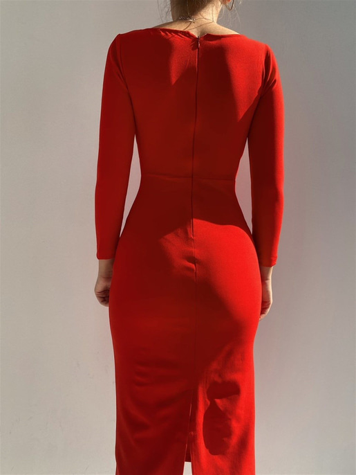 Kruvaze Yaka Arka Yırtmaçlı Diamanta Kadın Kırmızı Midi Elbise 22Y000009