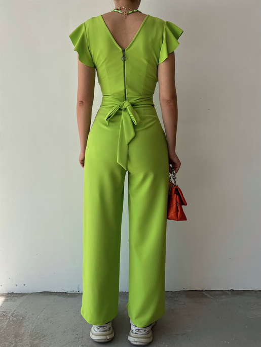 Kruvaze Yaka Arkası Bağcıklı Geniş Paça Kadın Yeşil Tulum 21Y000315