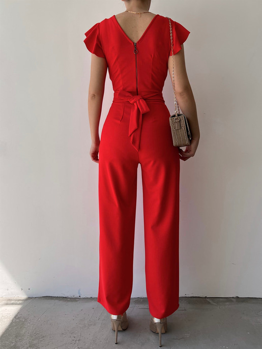 Kruvaze Yaka Arkası Bağcıklı Geniş Paça Kadın Kırmızı Tulum 21Y000315