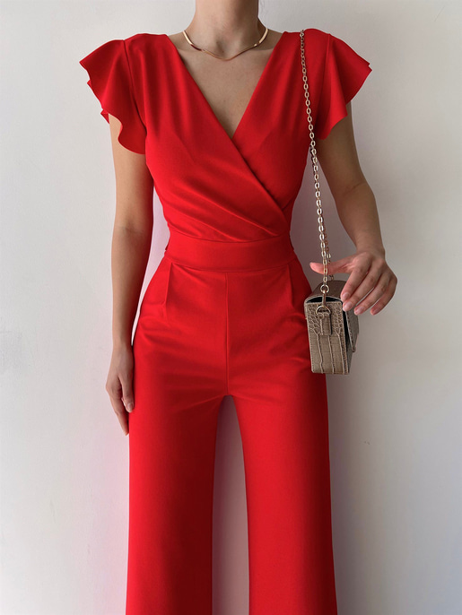 Kruvaze Yaka Arkası Bağcıklı Geniş Paça Kadın Kırmızı Tulum 21Y000315