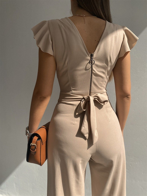 Kruvaze Yaka Arkası Bağcıklı Geniş Paça Kadın Taş Tulum 21Y000315