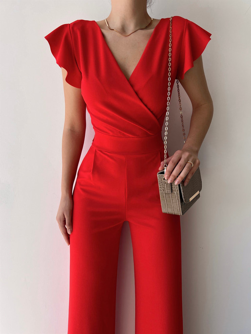 Kruvaze Yaka Arkası Bağcıklı Geniş Paça Kadın Kırmızı Tulum 21Y000315