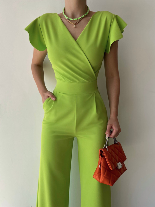 Kruvaze Yaka Arkası Bağcıklı Geniş Paça Kadın Yeşil Tulum 21Y000315