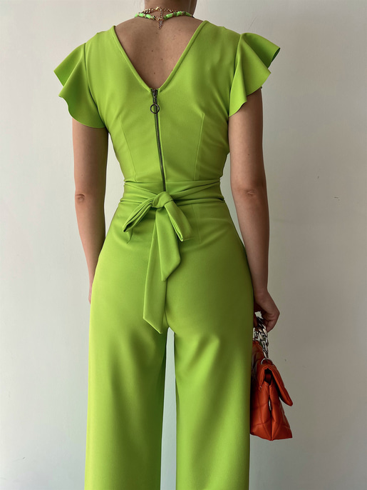 Kruvaze Yaka Arkası Bağcıklı Geniş Paça Kadın Yeşil Tulum 21Y000315