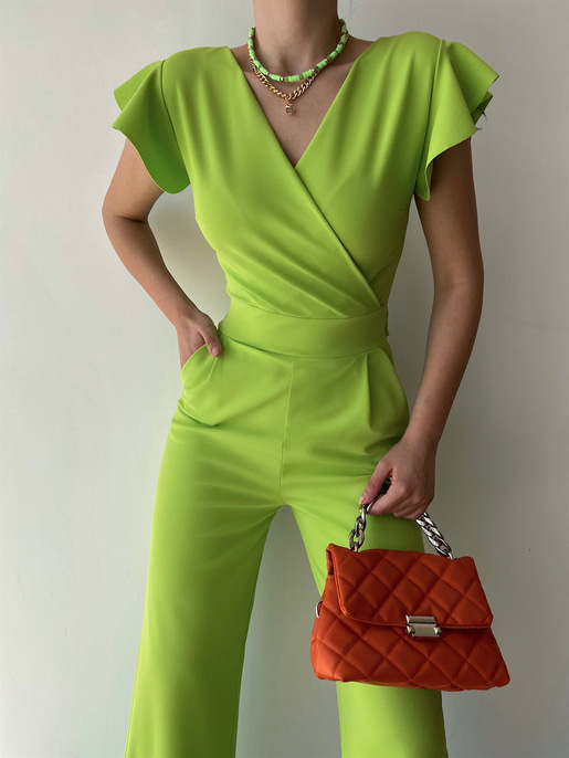 Kruvaze Yaka Arkası Bağcıklı Geniş Paça Kadın Yeşil Tulum 21Y000315