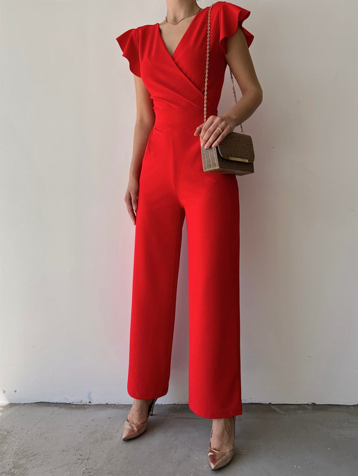 Kruvaze Yaka Arkası Bağcıklı Geniş Paça Kadın Kırmızı Tulum 21Y000315