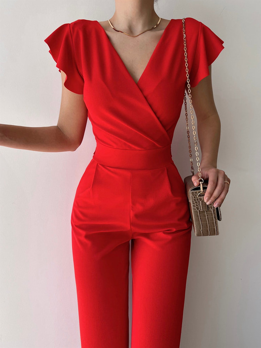 Kruvaze Yaka Arkası Bağcıklı Geniş Paça Kadın Kırmızı Tulum 21Y000315