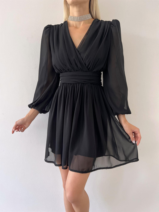 Kruvaze Yaka Belden Oturtmalı Vette Kadın Siyah Şifon Mini Elbise 23Y000075