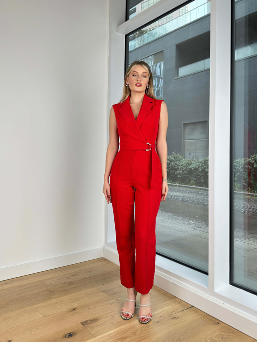 Kruvaze Yaka Beli Kemerli Tony Kadın Kırmızı Tulum 24Y228