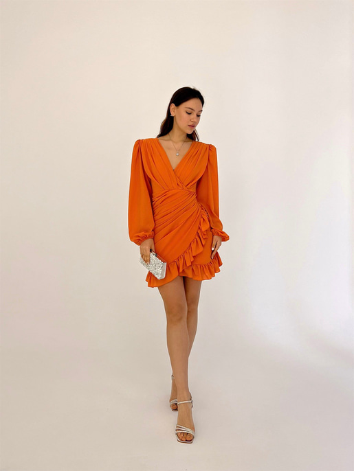 Kruvaze Yaka Drapeli Etek Kısmı Fırfırlı Amara Kadın Turuncu Mini Elbise 22Y000015