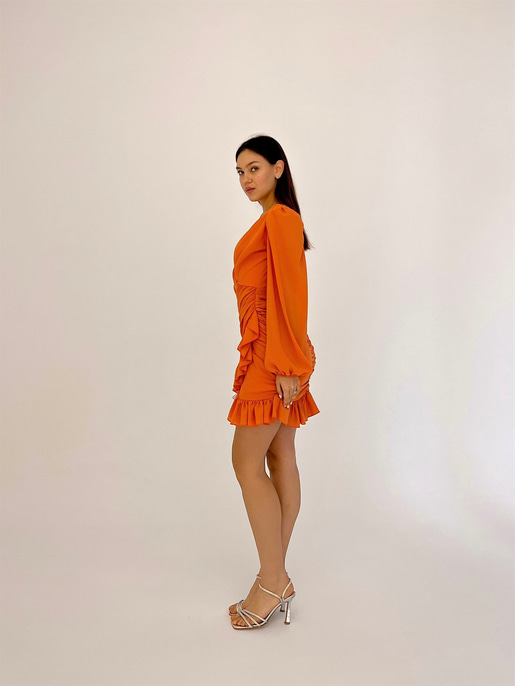 Kruvaze Yaka Drapeli Etek Kısmı Fırfırlı Amara Kadın Turuncu Mini Elbise 22Y000015