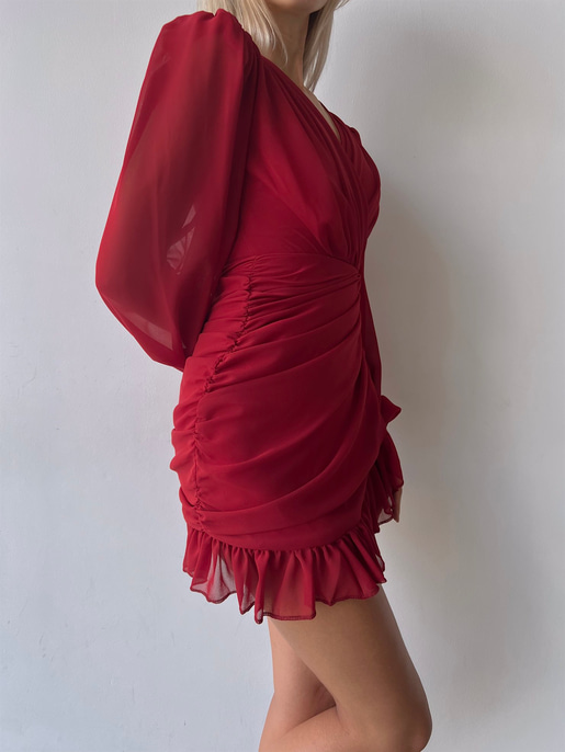 Kruvaze Yaka Drapeli Etek Kısmı Fırfırlı Amara Kadın Kırmızı Mini Elbise 22Y000015