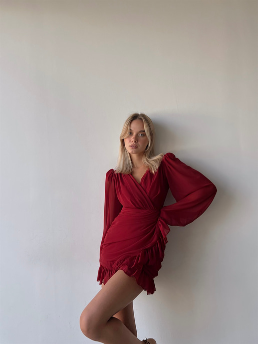 Kruvaze Yaka Drapeli Etek Kısmı Fırfırlı Amara Kadın Kırmızı Mini Elbise 22Y000015