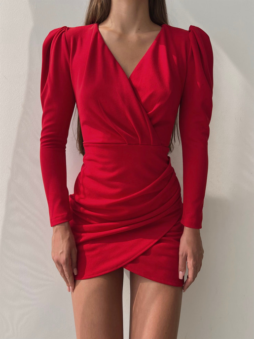 Kruvaze Yaka Eteği Drape Uzun Kol Boris Kadın Kırmızı Mini Elbise 23K000031